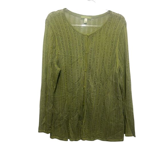 Sigrid Olsen Green Silk Blend Pointelle Lace Beaded Cardigan Sweater Women’s XL - Picture 1 of 6